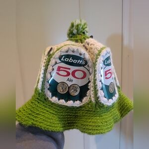 Green and White Crochet Labatts Beer Bucket Hat
